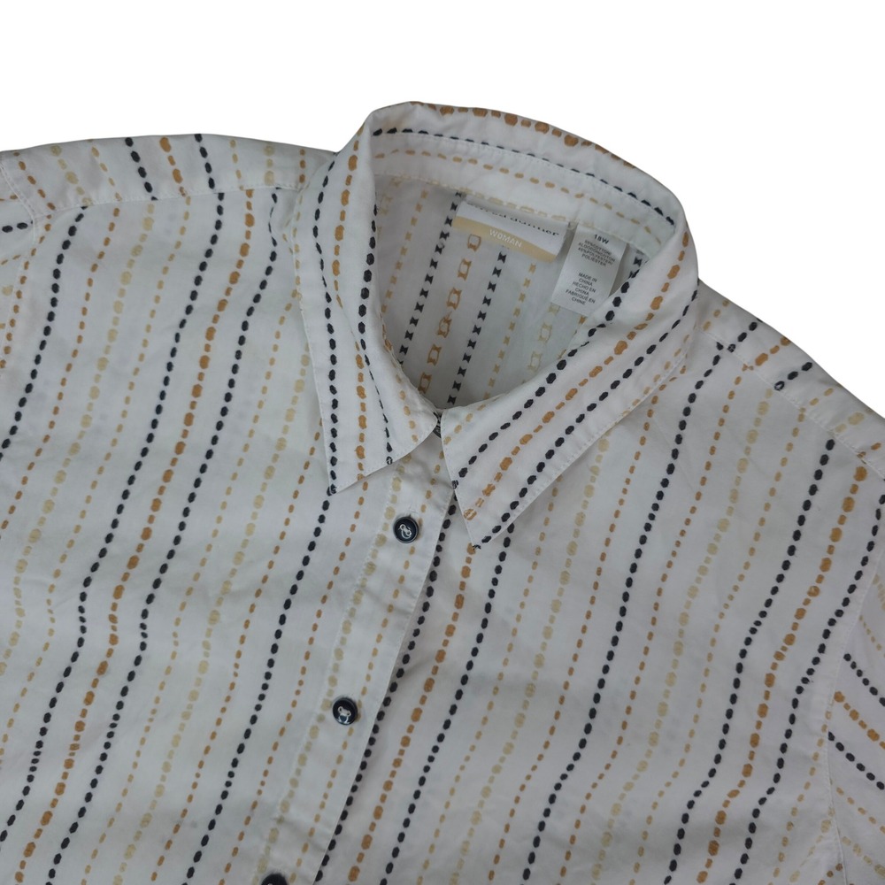Alfred Dunner Button Up Shirt Womens 18W White Gold Black Stripe 3/4 Sleeve